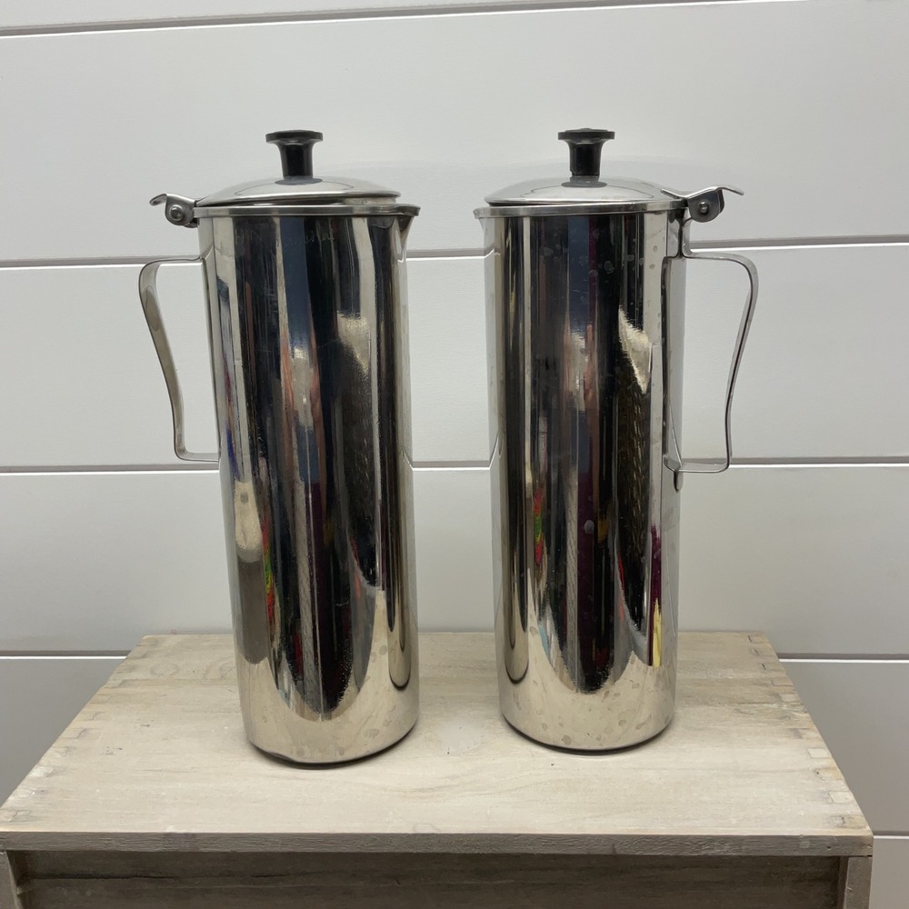 Ajay Stainless Steel Tall Beverage Pitchers with Hinged Lids Set of 2 Silver